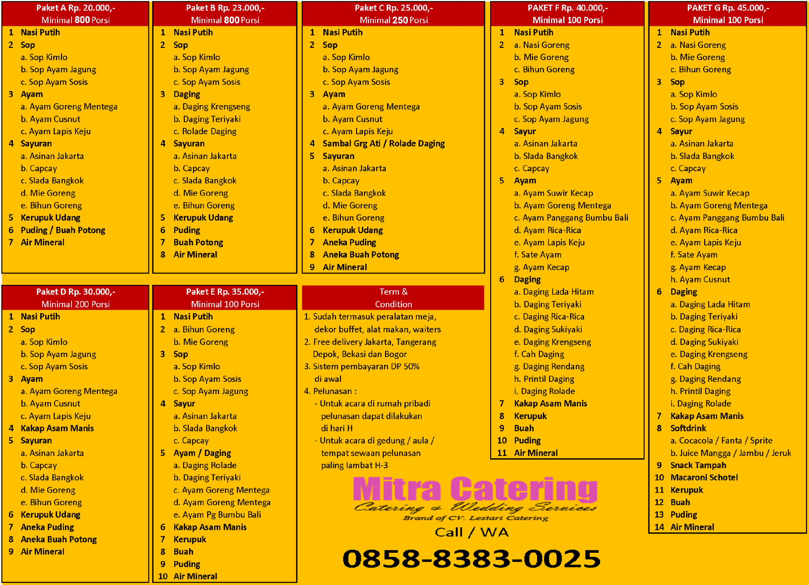 Daftar harga menu catering prasmanan murah Jakarta, Tangerang, Depok, Bekasi dan Bogor